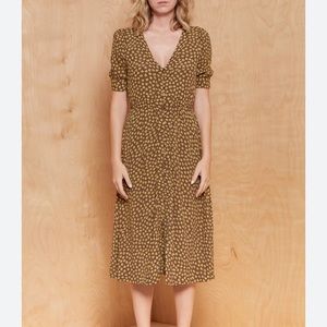 Madewell Brown Button Cuff Midi Dress in Woodcut Flowers